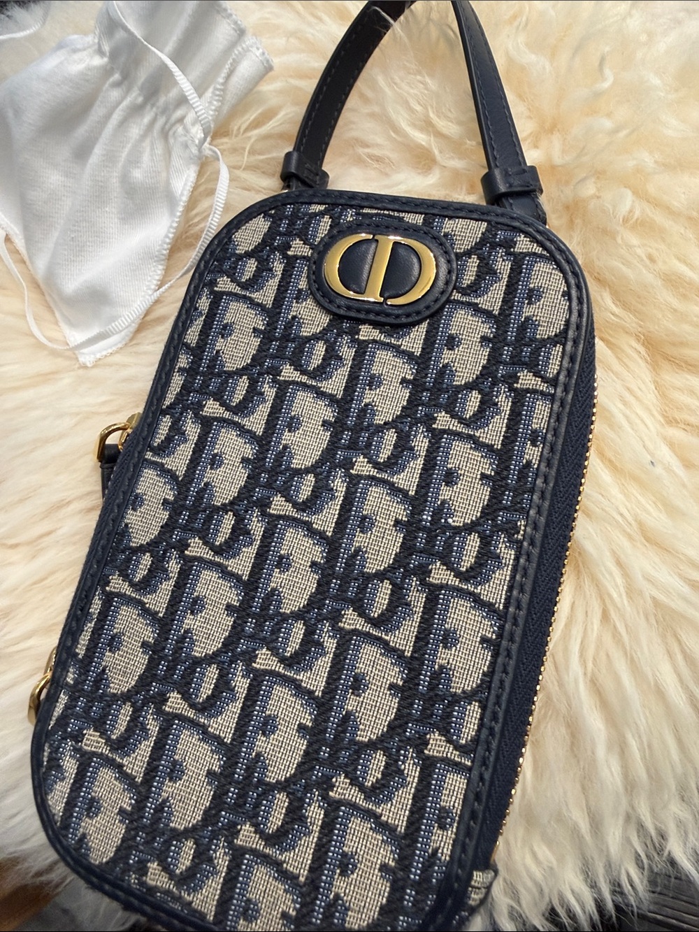 Brand new Dior Navy and Beige Monogram Crossbody Pouch with Gold CD Logo